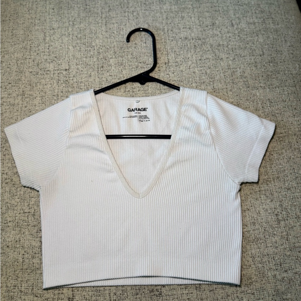 Garage Ribbed White V-Neck Tee